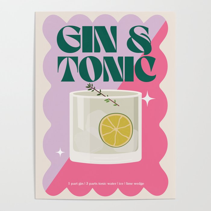 Gin & Tonic Cocktail Print Poster Gallery Image 1