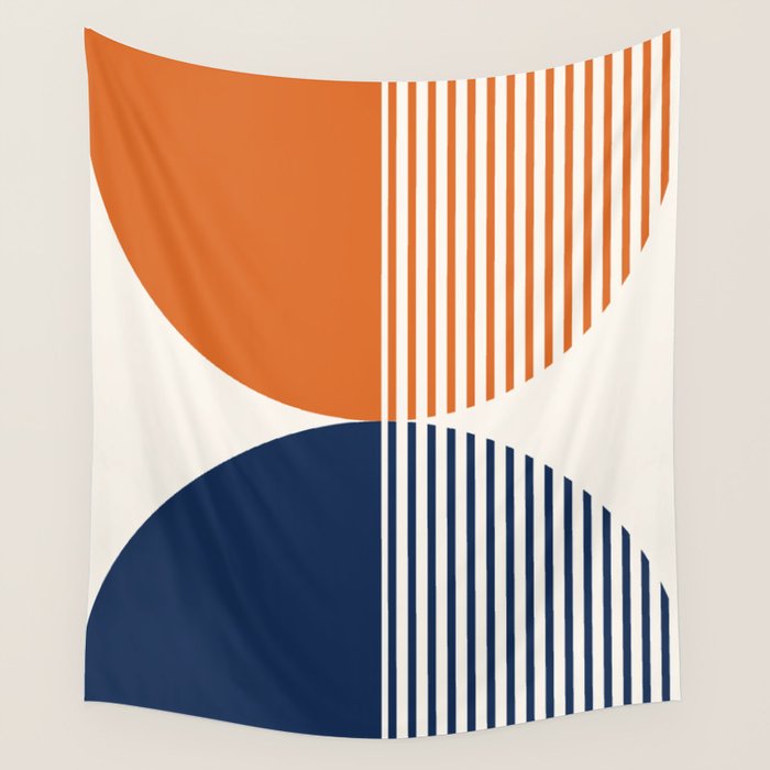 Abstraction Shapes 116 in Navy Blue Orange (Moon Phase Abstract)  Wall Tapestry Gallery Image 4