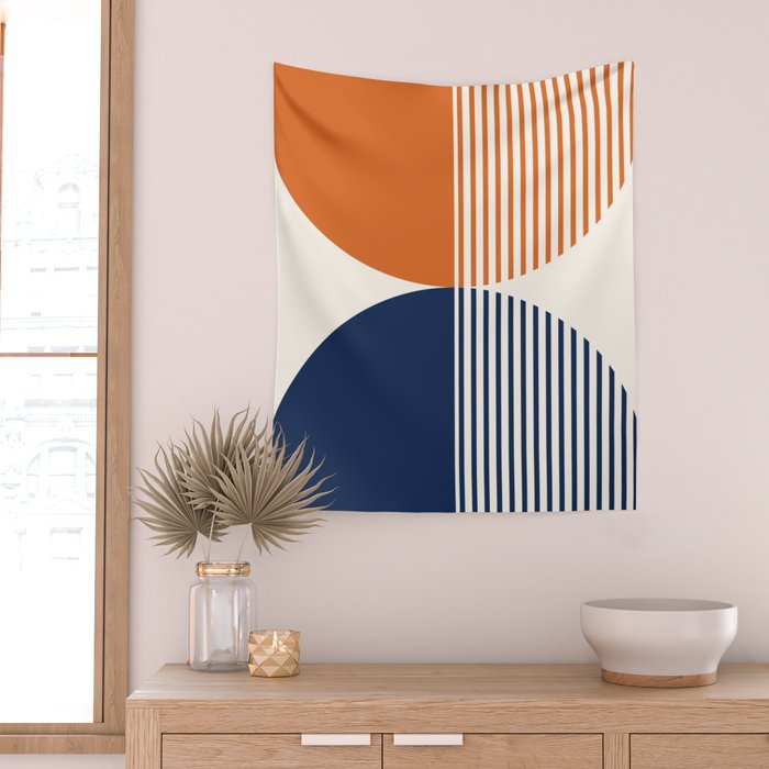 Abstraction Shapes 116 in Navy Blue Orange (Moon Phase Abstract)  Wall Tapestry Gallery Image 2