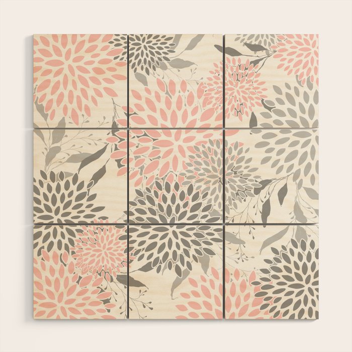 Festive, Floral Prints, Leaves and Blooms, Pink, Gray and White Wood Wall Art Gallery Image 1