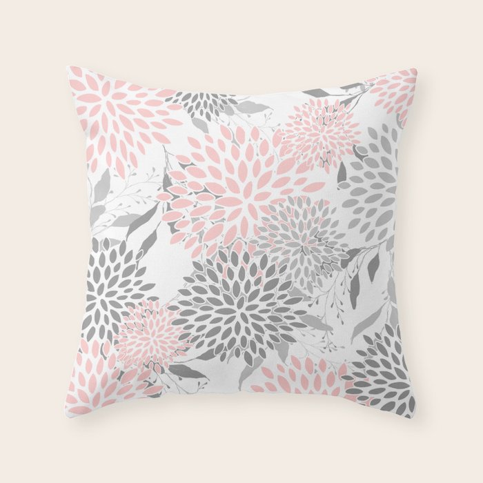 Festive, Floral Prints, Leaves and Blooms, Pink, Gray and White Throw Pillow Gallery Image 1