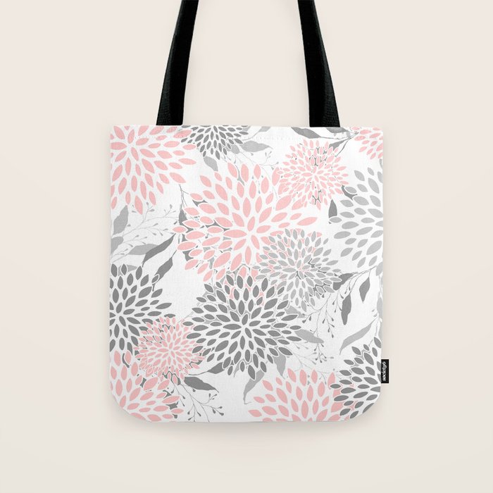 Festive, Floral Prints, Leaves and Blooms, Pink, Gray and White Tote Bag Gallery Image 1