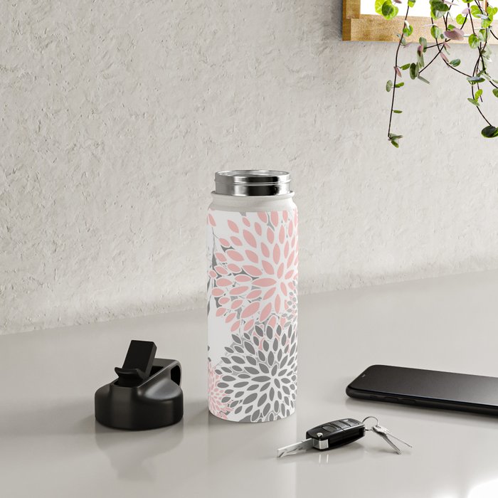Festive, Floral Prints, Leaves and Blooms, Pink, Gray and White Water Bottle Gallery Image 4