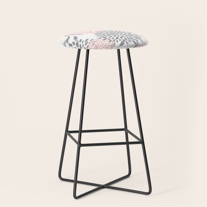 Festive, Floral Prints, Leaves and Blooms, Pink, Gray and White Stool Gallery Image 1