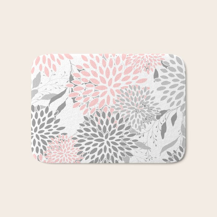 Festive, Floral Prints, Leaves and Blooms, Pink, Gray and White Bath Mat Gallery Image 1