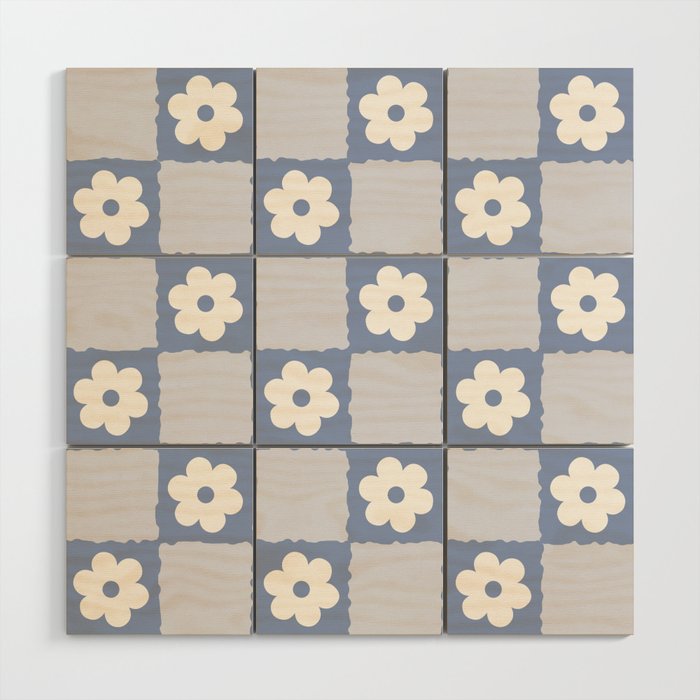 Retro Daisy Flower Checker in Blue  Wood Wall Art Gallery Image 1