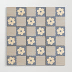 Retro Daisy Flower Checker in Blue  Wood Wall Art Gallery Image 1