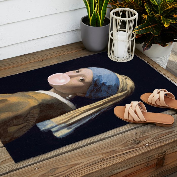 Girl with Pearl Earing Blowing Gum Outdoor Rug Gallery Image 2