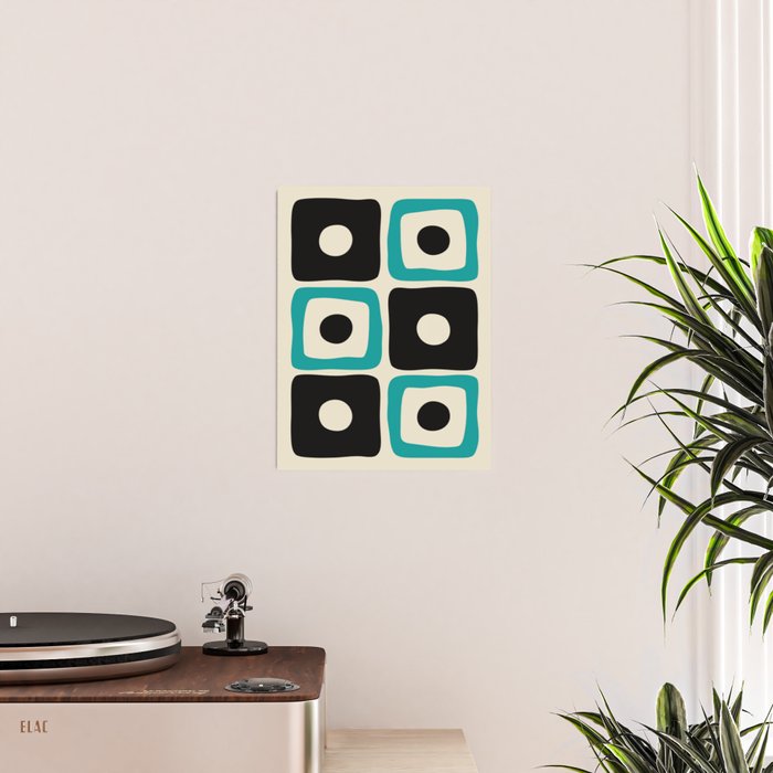 Mid Century Modern Square Dot Pattern 593 Black and Turquoise Poster Gallery Image 2