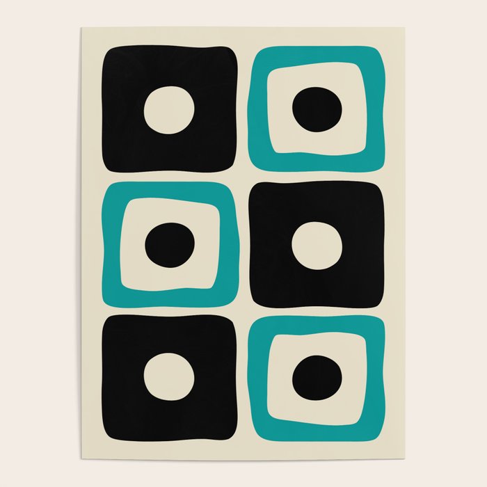 Mid Century Modern Square Dot Pattern 593 Black and Turquoise Poster Gallery Image 1