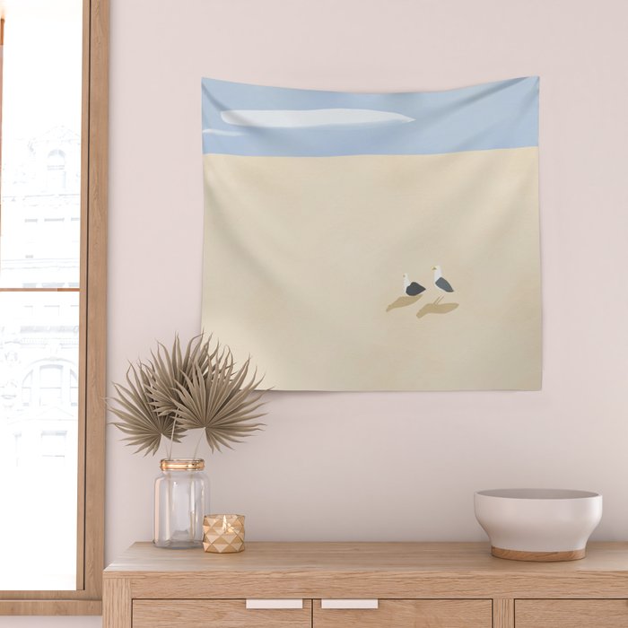 Minimal sand beach with seagulls Wall Tapestry Gallery Image 2