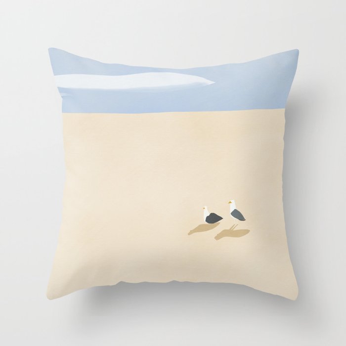 Minimal sand beach with seagulls Throw Pillow Gallery Image 1