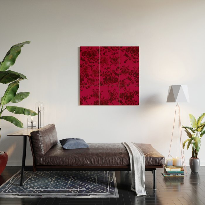 Vintage black gray red bohemian floral pattern Wood Wall Art Gallery Image 2