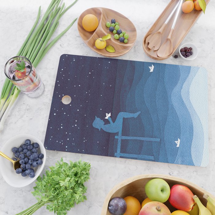 Boy with paper boats, blue Cutting Board Gallery Image 2