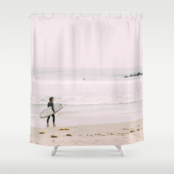California Coast Surfer - Venice Beach Ocean View - Travel Photography Shower Curtain Gallery Image 1