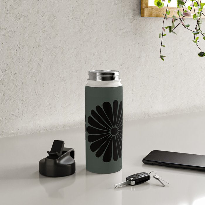 Retro Daisy Abstract IX Earthy Green Bold Floral Water Bottle Gallery Image 4