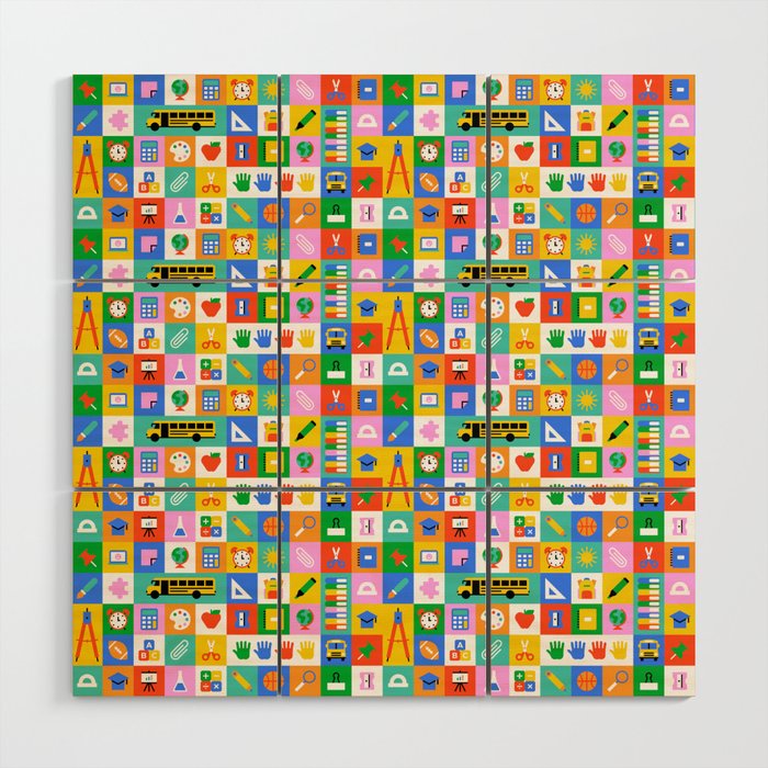 Colorful back to school mosaic pattern Wood Wall Art Gallery Image 1
