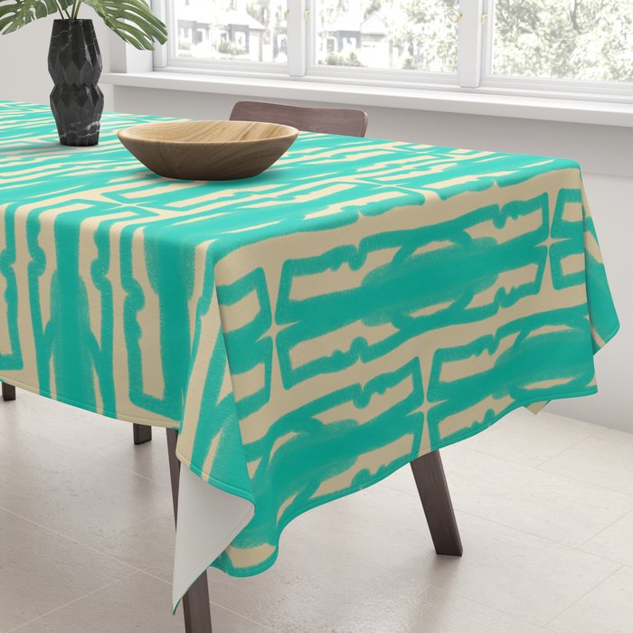Organic Geometrics Pattern in Turquoise and Beige Tablecloth Gallery Image 3