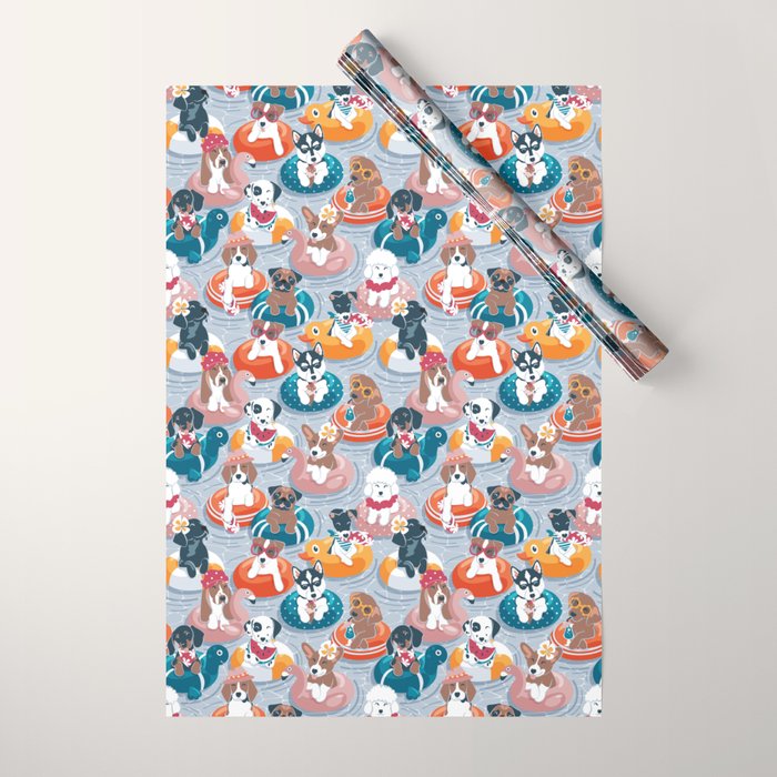 Summer pool pawty // pastel blue background dog breeds in vacations playing on swimming pool floats // Labrador beagle dachshund jack Russell Dalmatian welsh corgi pug greyhound basset hound husky  Wrapping Paper Gallery Image 1
