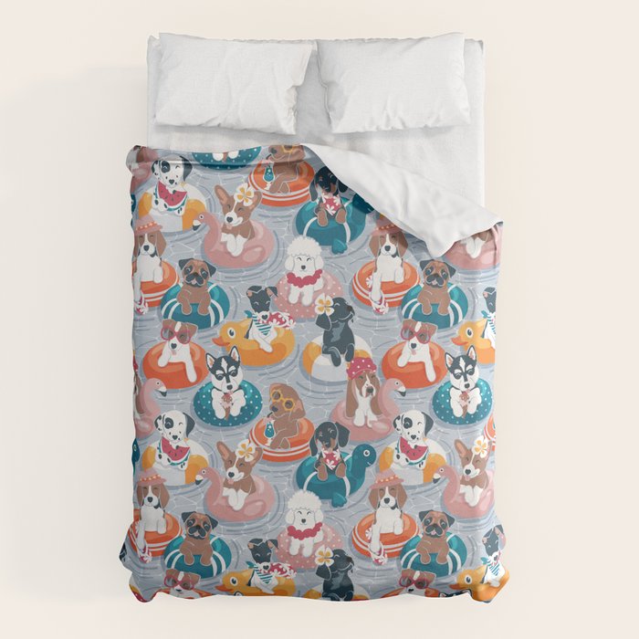 Summer pool pawty // pastel blue background dog breeds in vacations playing on swimming pool floats // Labrador beagle dachshund jack Russell Dalmatian welsh corgi pug greyhound basset hound husky  Duvet Cover Gallery Image 6