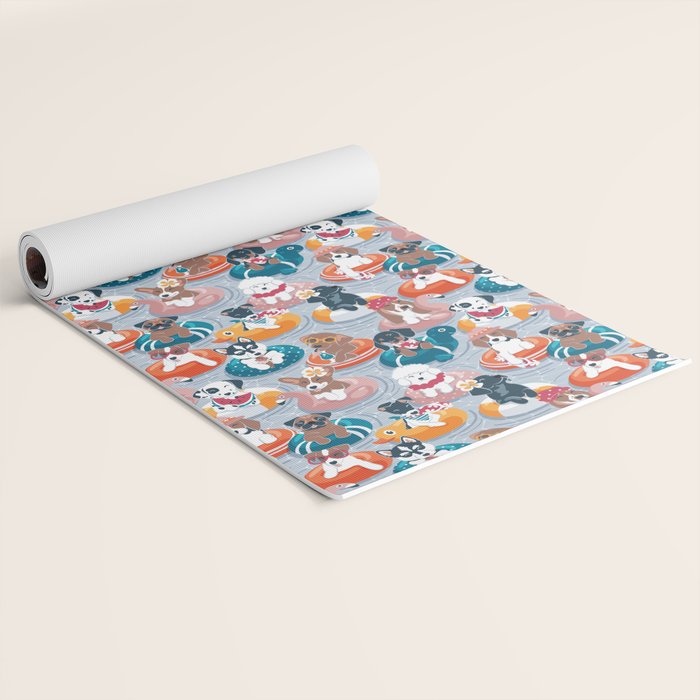 Summer pool pawty // pastel blue background dog breeds in vacations playing on swimming pool floats // Labrador beagle dachshund jack Russell Dalmatian welsh corgi pug greyhound basset hound husky  Yoga Mat Gallery Image 2