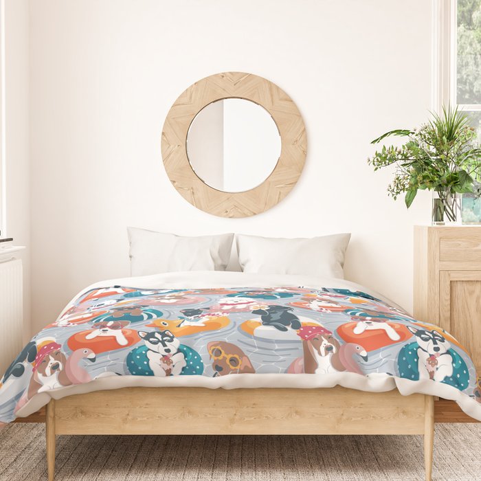 Summer pool pawty // pastel blue background dog breeds in vacations playing on swimming pool floats // Labrador beagle dachshund jack Russell Dalmatian welsh corgi pug greyhound basset hound husky  Duvet Cover Gallery Image 3