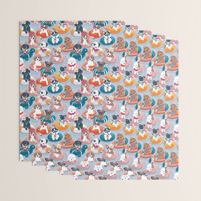 Summer pool pawty // pastel blue background dog breeds in vacations playing on swimming pool floats // Labrador beagle dachshund jack Russell Dalmatian welsh corgi pug greyhound basset hound husky  Wrapping Paper Gallery Image 3