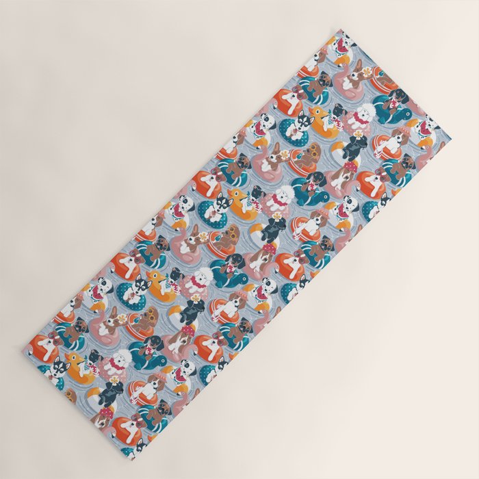 Summer pool pawty // pastel blue background dog breeds in vacations playing on swimming pool floats // Labrador beagle dachshund jack Russell Dalmatian welsh corgi pug greyhound basset hound husky  Yoga Mat Gallery Image 1