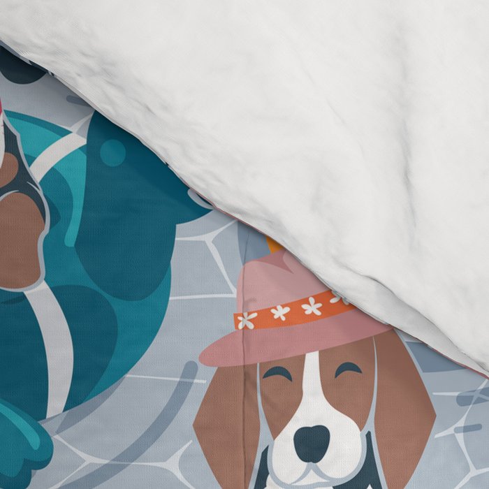 Summer pool pawty // pastel blue background dog breeds in vacations playing on swimming pool floats // Labrador beagle dachshund jack Russell Dalmatian welsh corgi pug greyhound basset hound husky  Comforter Gallery Image 4