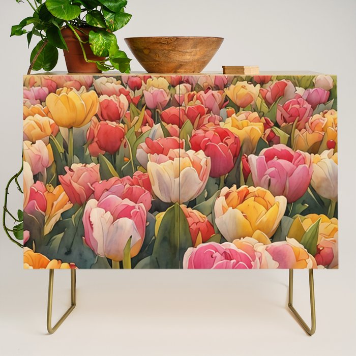 Colorful tulips watercolor Credenza Gallery Image 1
