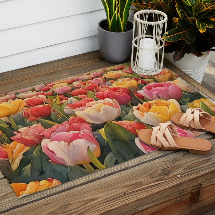 Colorful tulips watercolor Outdoor Rug Gallery Image 2