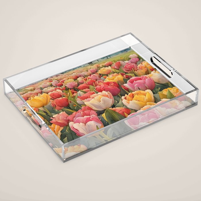 Colorful tulips watercolor Acrylic Tray Gallery Image 1