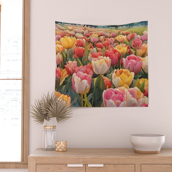 Colorful tulips watercolor Wall Tapestry Gallery Image 2
