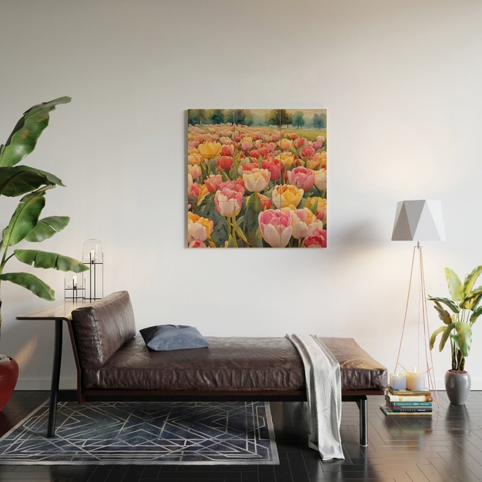 Colorful tulips watercolor Wood Wall Art Gallery Image 2