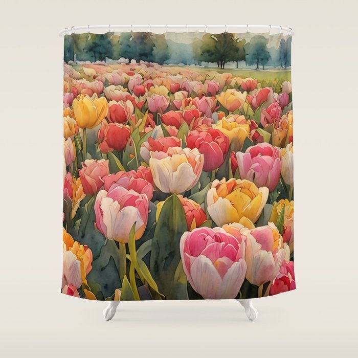 Colorful tulips watercolor Shower Curtain Gallery Image 1