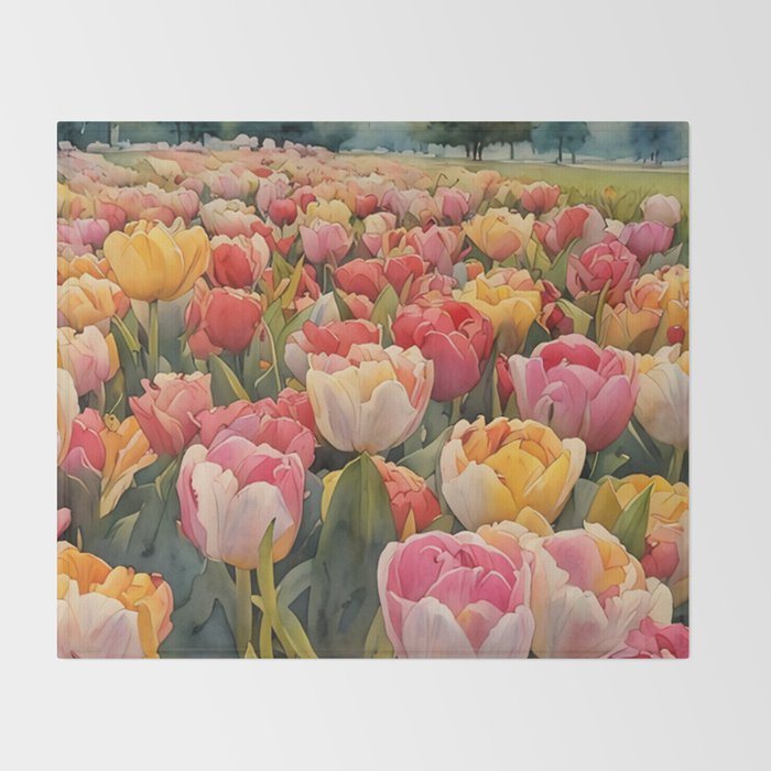 Colorful tulips watercolor Throw Blanket Gallery Image 2
