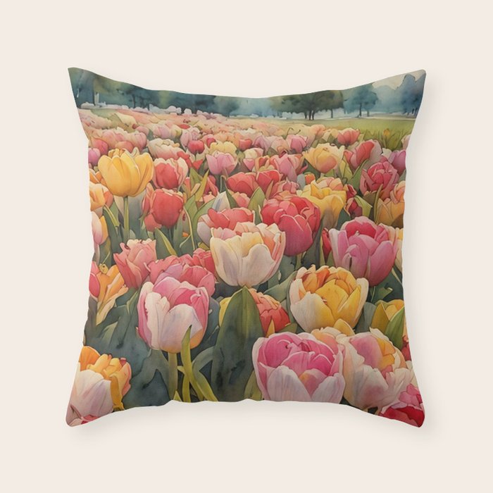 Colorful tulips watercolor Throw Pillow Gallery Image 1
