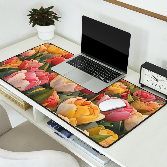 Colorful tulips watercolor Desk Mat Gallery Image 2