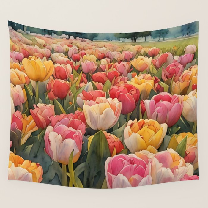 Colorful tulips watercolor Wall Tapestry Gallery Image 1