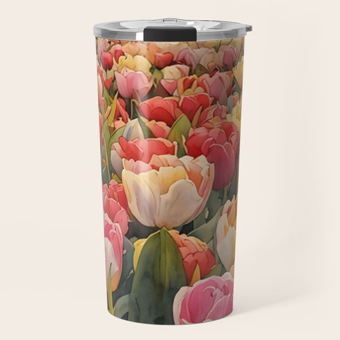 Colorful tulips watercolor Travel Mug Gallery Image 1