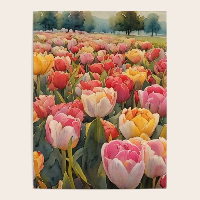 Colorful tulips watercolor Poster Gallery Image 1