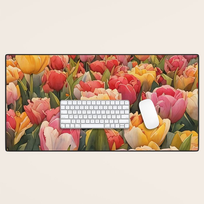 Colorful tulips watercolor Desk Mat Gallery Image 1