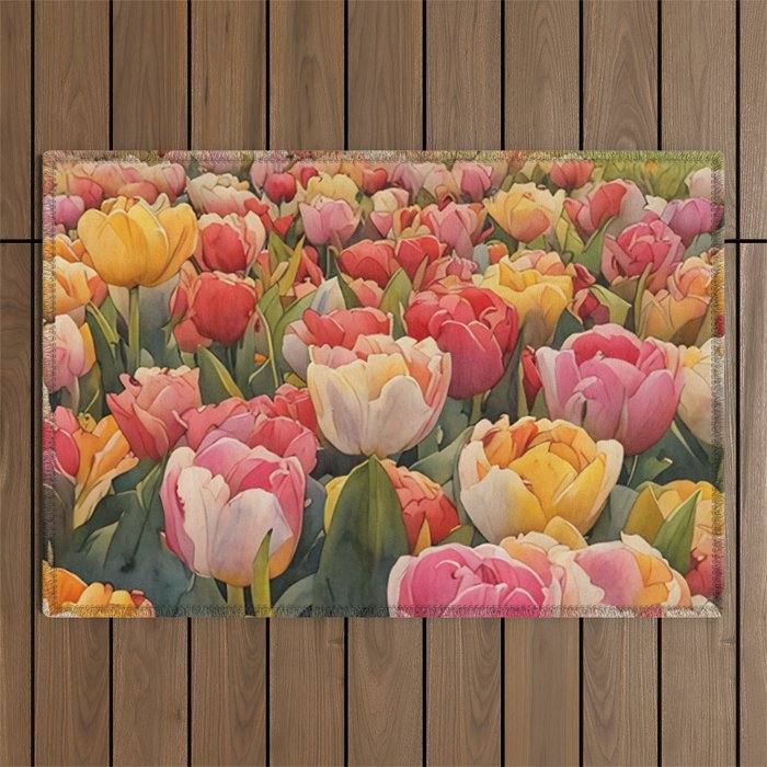 Colorful tulips watercolor Outdoor Rug Gallery Image 1