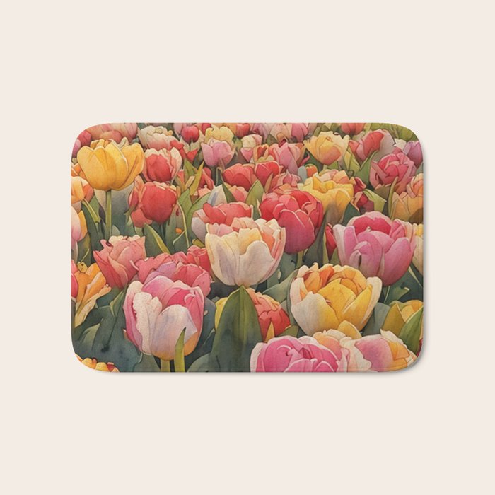 Colorful tulips watercolor Bath Mat Gallery Image 1