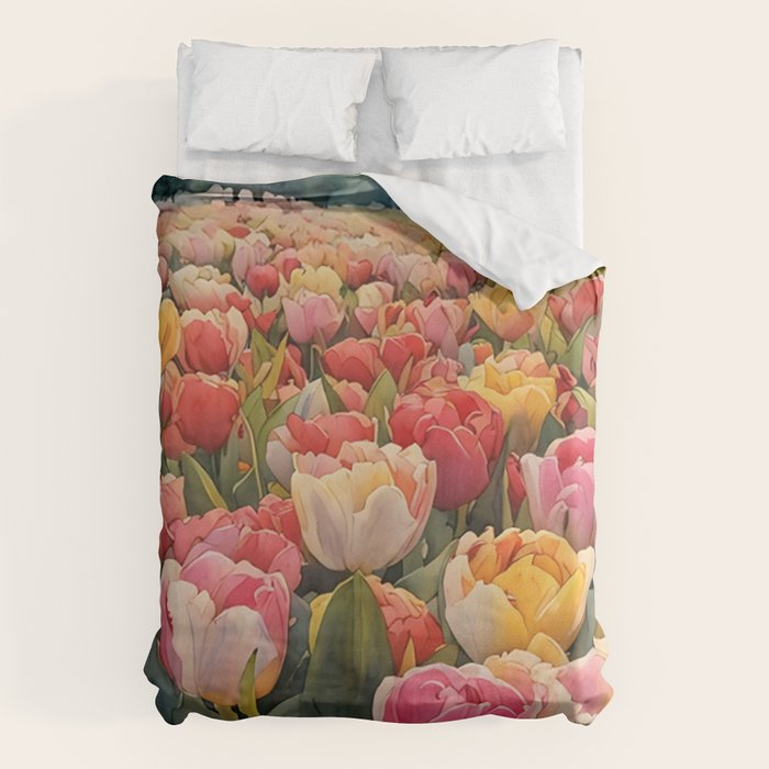 Colorful tulips watercolor Duvet Cover Gallery Image 1
