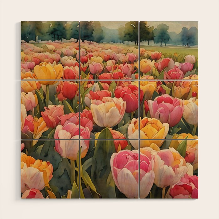 Colorful tulips watercolor Wood Wall Art Gallery Image 1