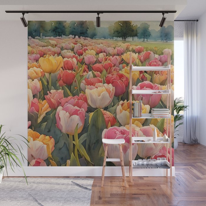 Colorful tulips watercolor Wall Mural Gallery Image 1