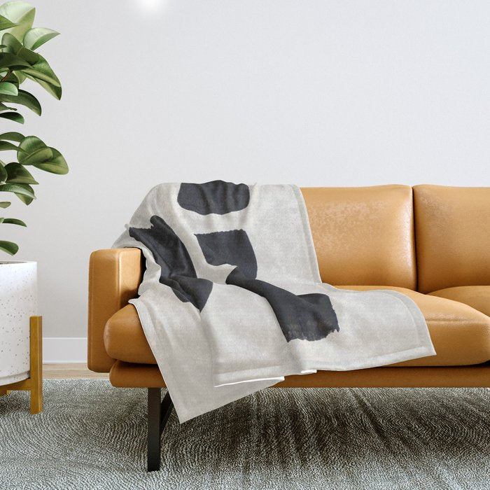 Mid Century Modern Minimalist Abstract Art Brush Strokes Black & White Ink Art Square Shapes Throw Blanket Gallery Image 1