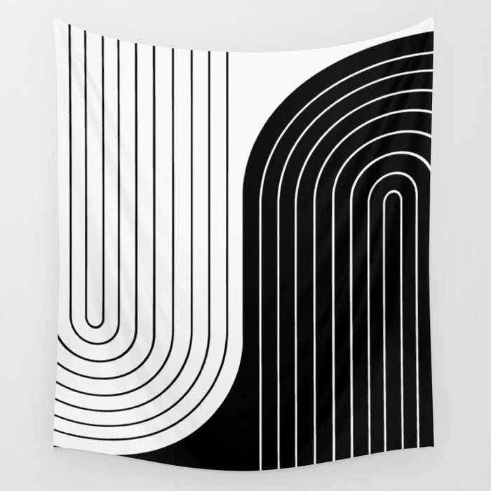 Two Tone Line Curvature VIII Black and White Modern Arch Abstract Wall Tapestry Gallery Image 4