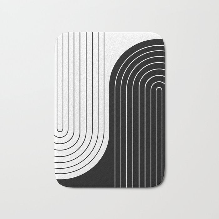 Two Tone Line Curvature VIII Black and White Modern Arch Abstract Bath Mat Gallery Image 1